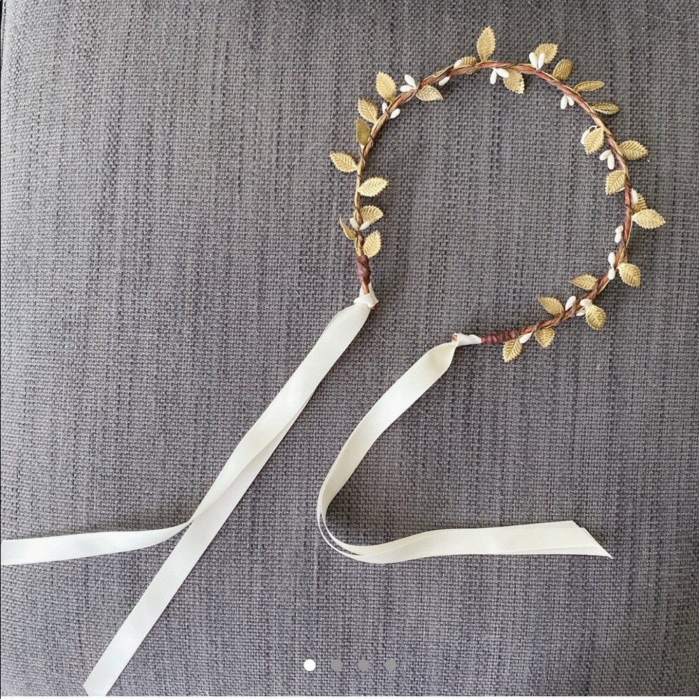 Gold Leaf Headband w/ White Ribbon wedding Crown